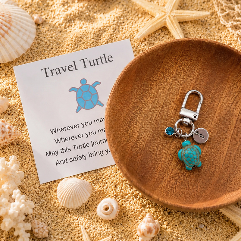 Wherever You Go – Travel Turtle Keychain with Birthstone & Initial
