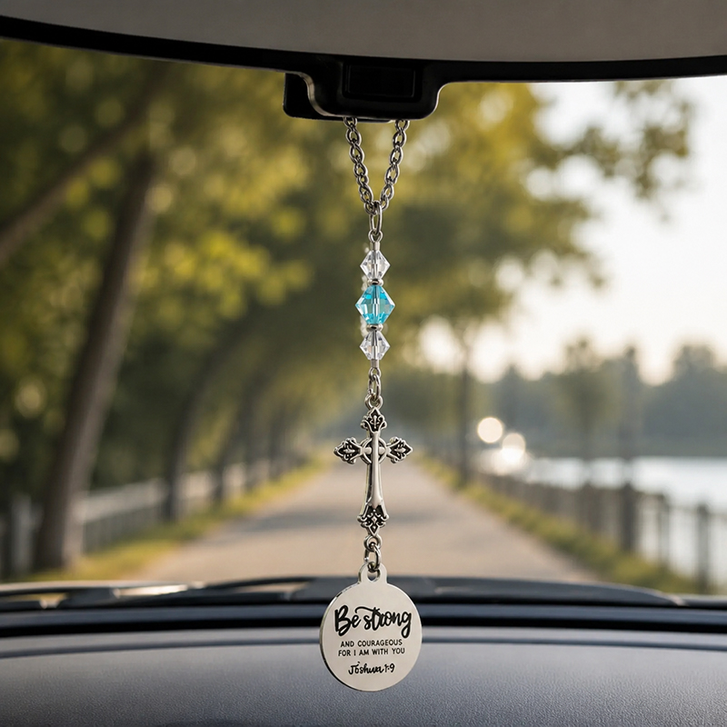 Christian Cross Car Charm – “Be Strong & Courageous” Joshua 1:9 Faith Gift
