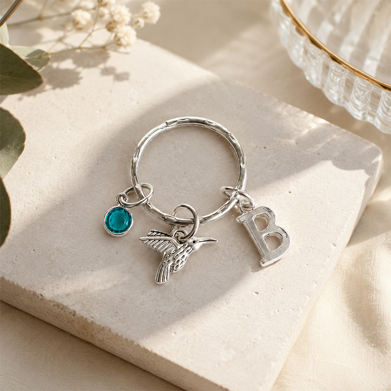 Hummingbird Keychain with Personalized Initial & Birthstone