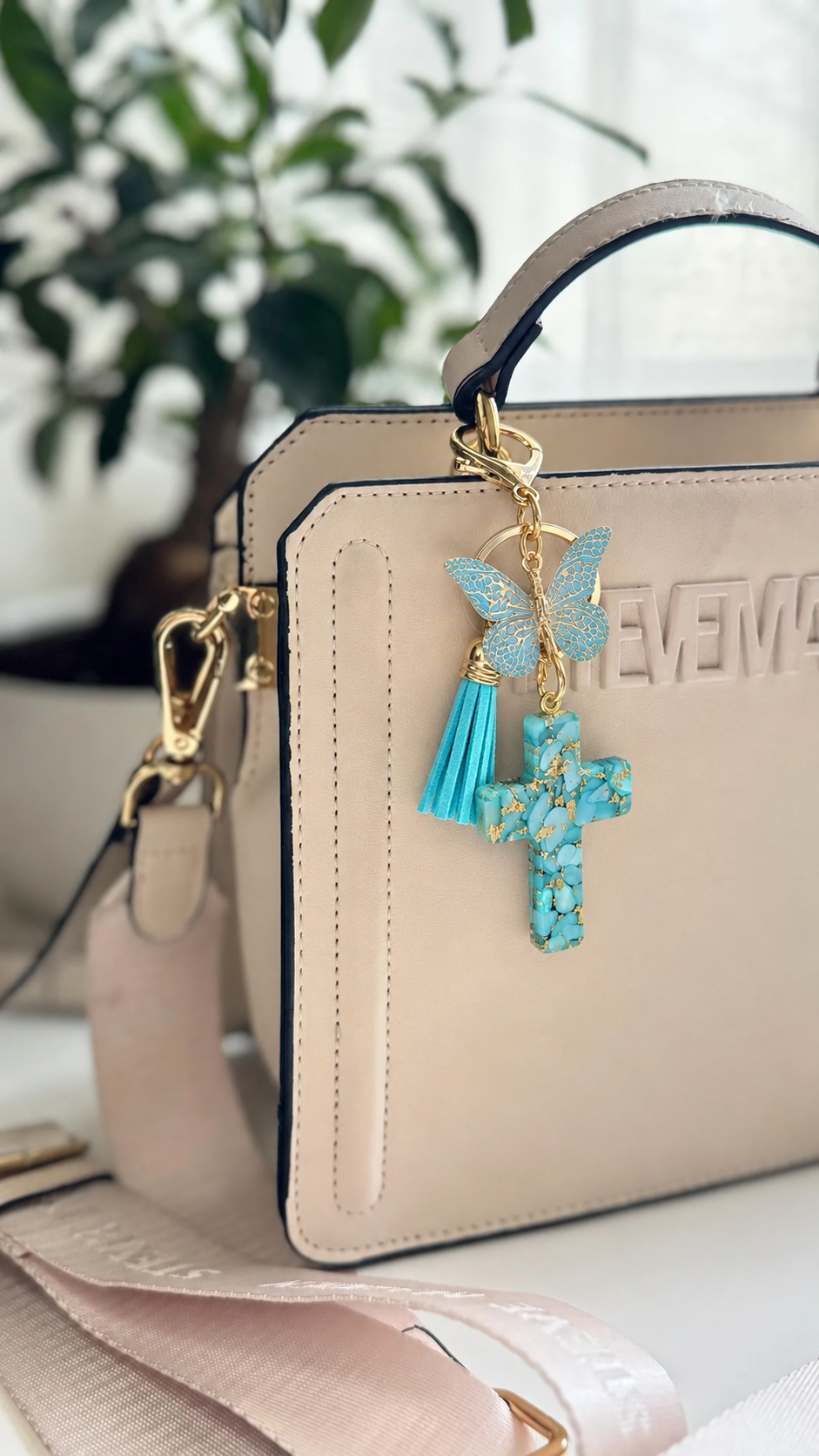 Resin Cross Keychain-Butterfly-Turquoise