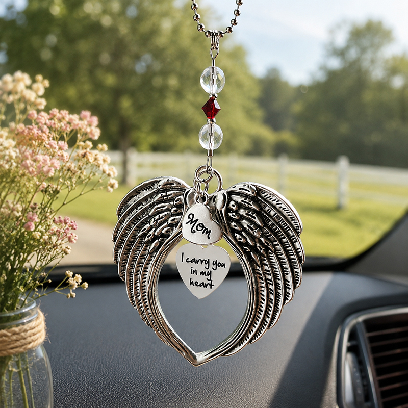 Car Charm with Large Angel Wings, Birthstone Crystal & Family 