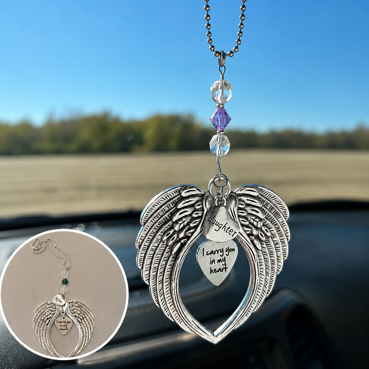 I Carry You in My Heart-Car Charm with Large Angel Wings