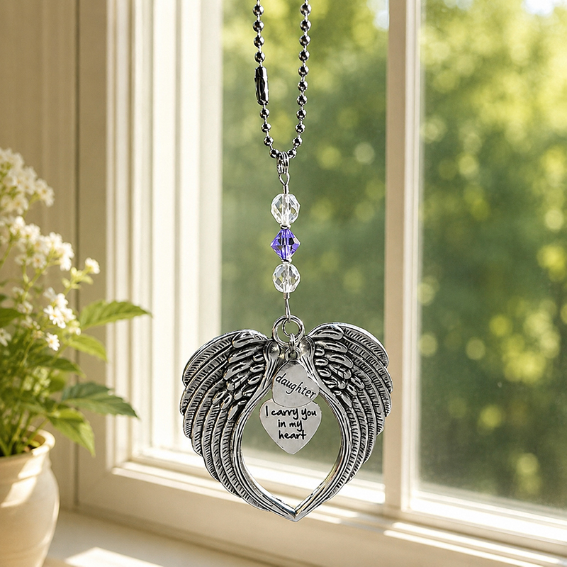 Car Charm with Large Angel Wings, Birthstone Crystal & Family 