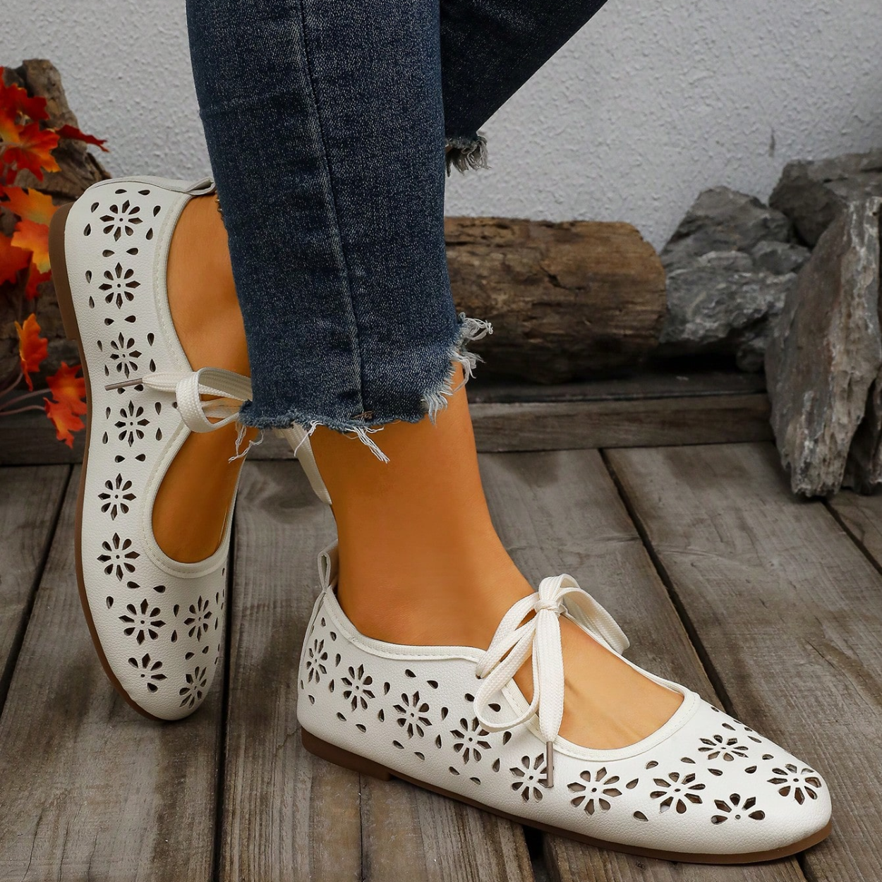 Lace Up Flats With Bow Detail Casual Shoes in White - Front View