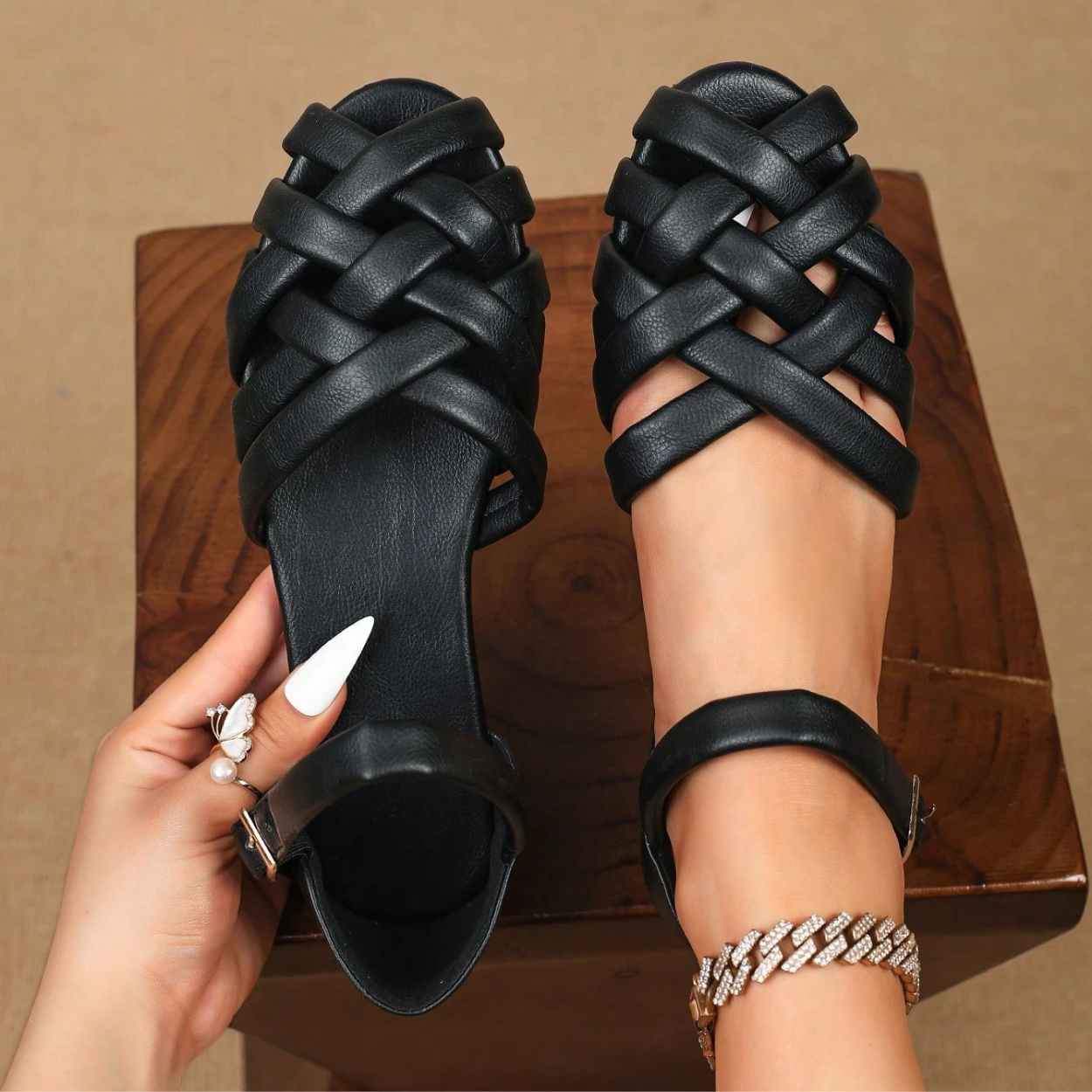 Casual Woven Hollow Design Flat Sandals With Strap For Women in Brown - Back View