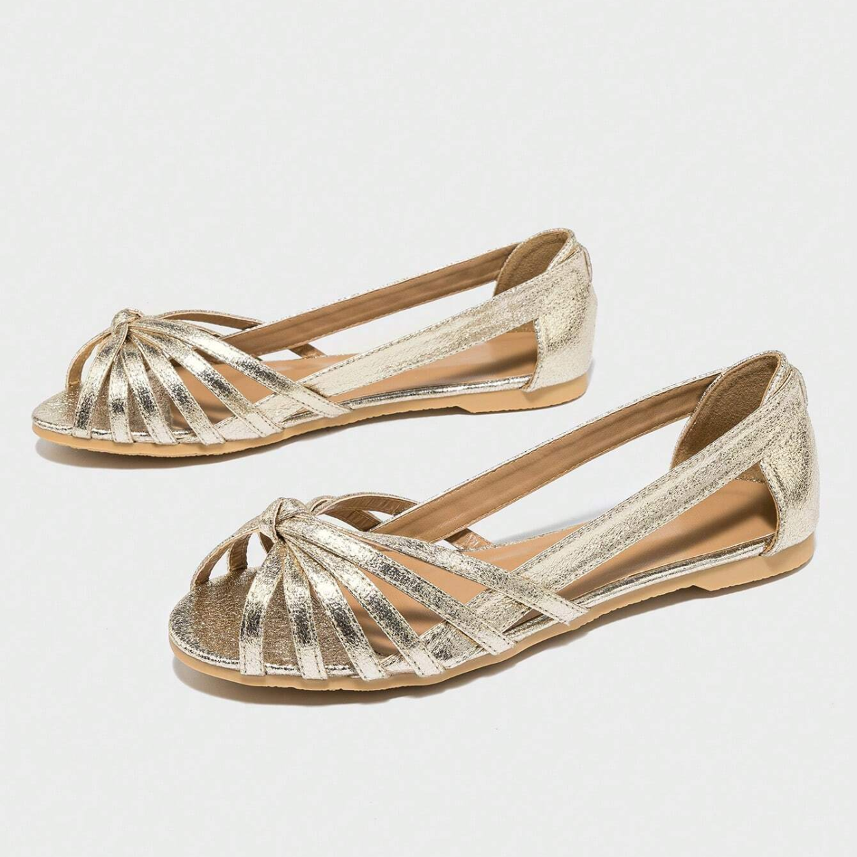 Woven Detail Open Flat Shoes For Women in Brown - Left Side