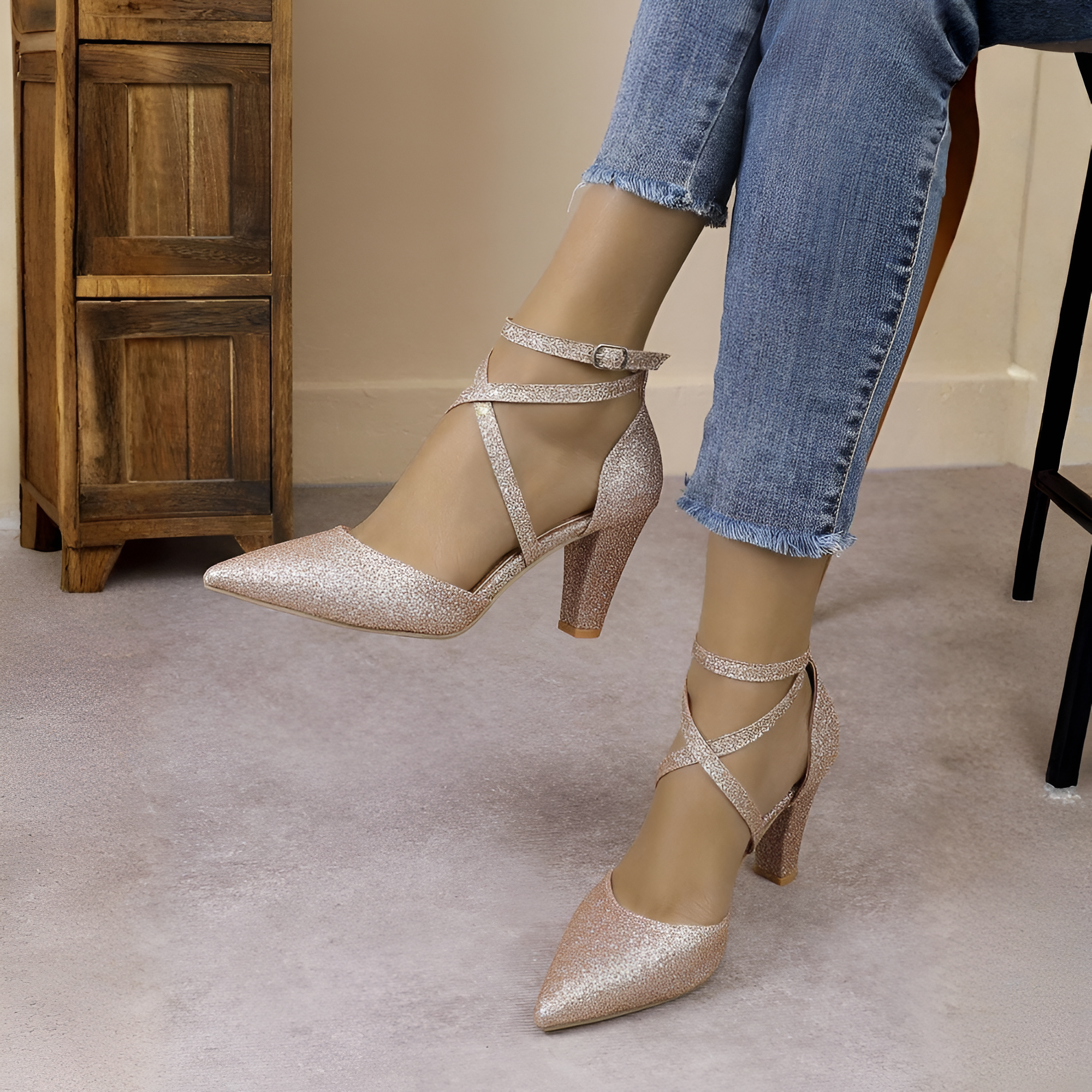 Pointed Strap Mid Base Dress Heel in Charcoal - Right Side