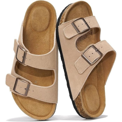Leather Flat Sandals With Adjustable Buckle Straps - My Beach Shoes