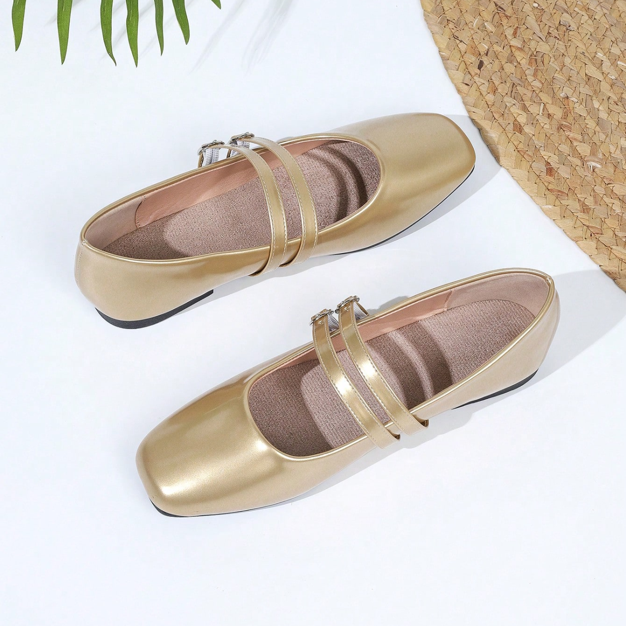 Vintage Mary Jane Inspired Flats With Double Strap For Women in Khaki - Toe Detail