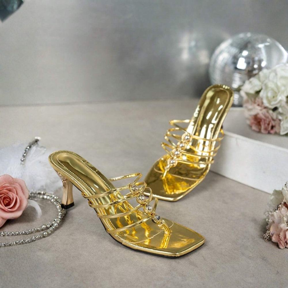 Criss Cross Multi Strap Stiletto Style Slip On Sandals in Black - Side View