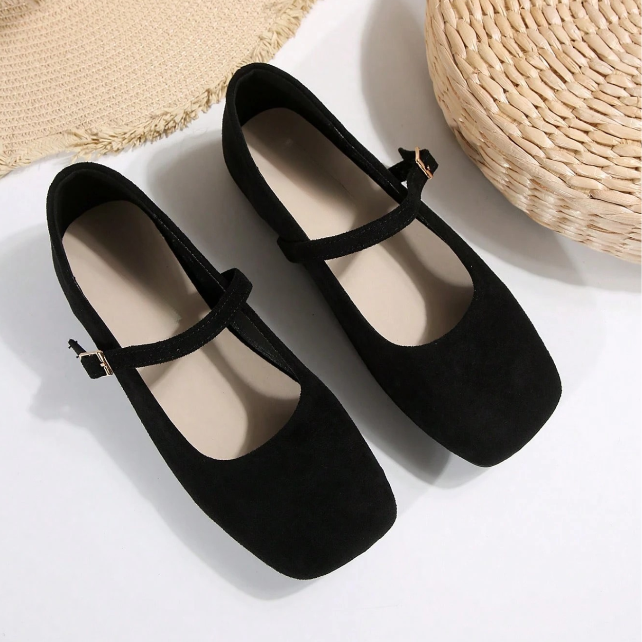 Casual Square Strap Ballet Flat Shoes For Women in Black - Front View