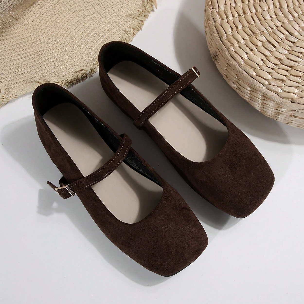 Casual Square Strap Ballet Flat Shoes For Women in Brown - On-Foot View