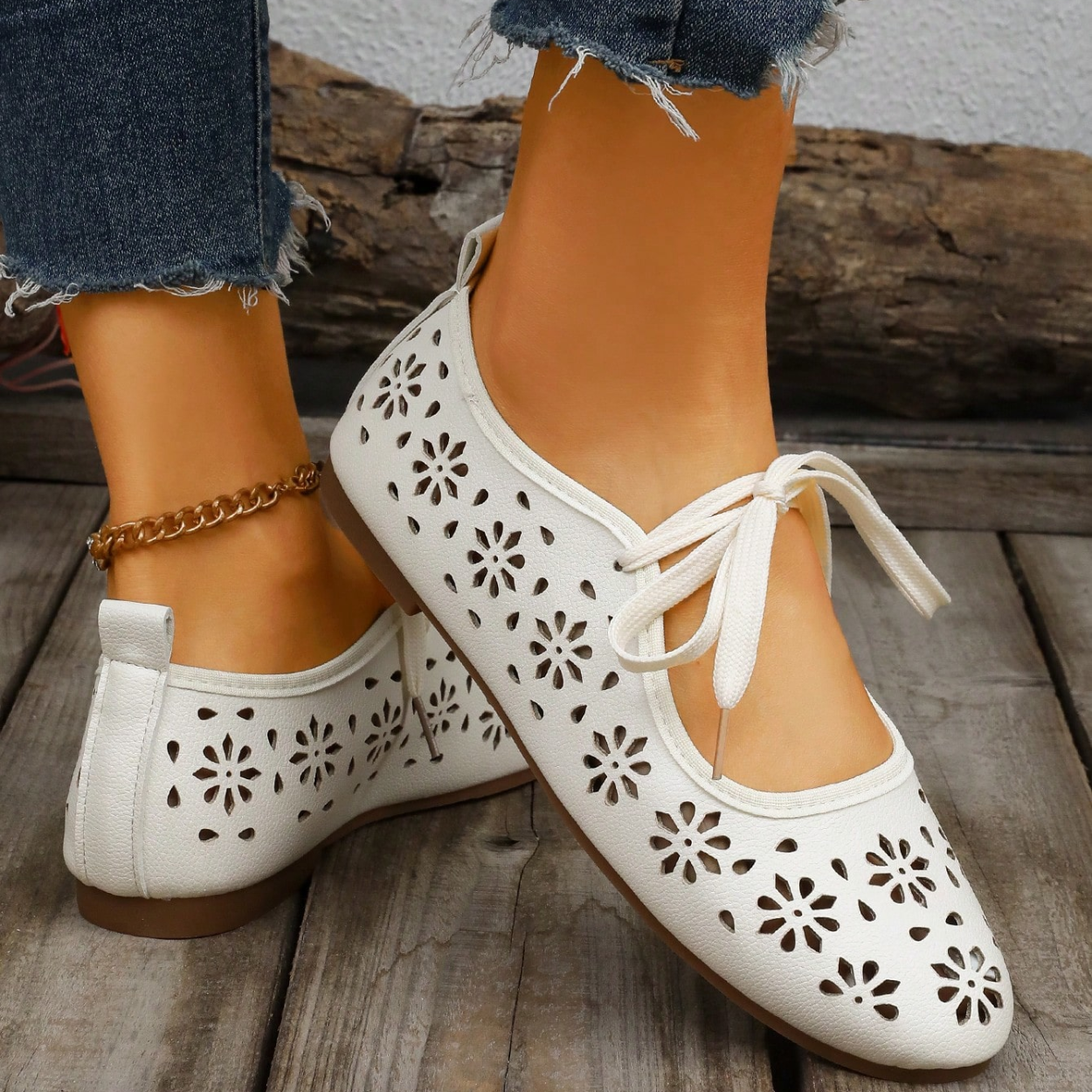 Lace Up Flats With Bow Detail Casual Shoes in White - Top View