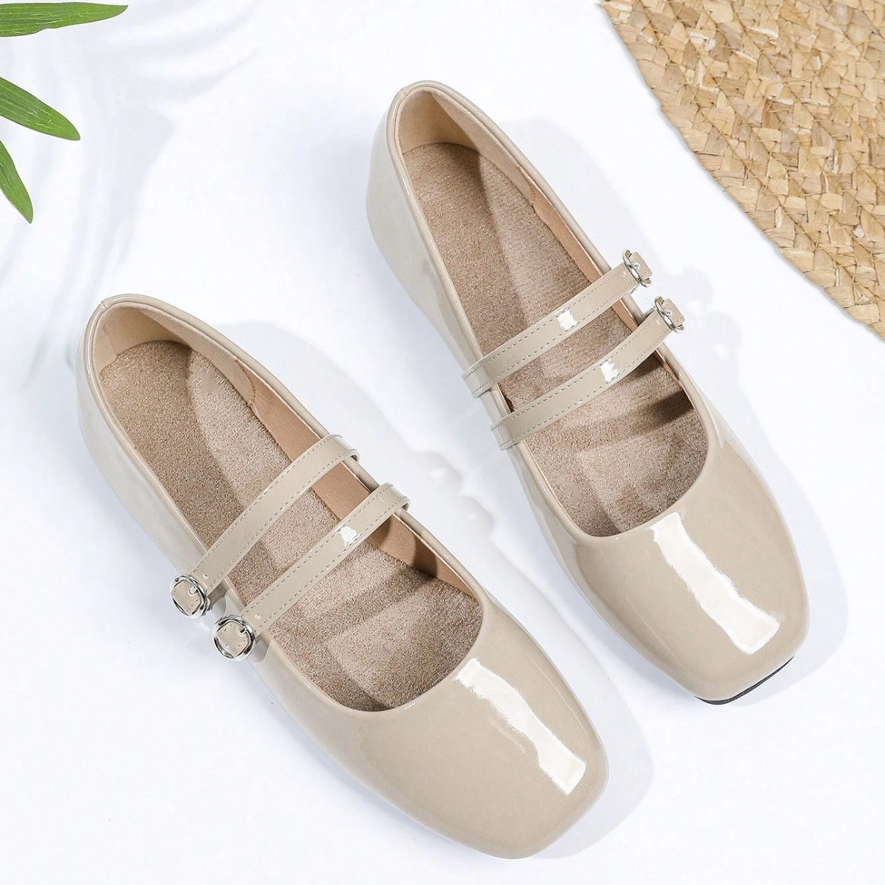 Vintage Mary Jane Inspired Flats With Double Strap For Women in Beige - Front View