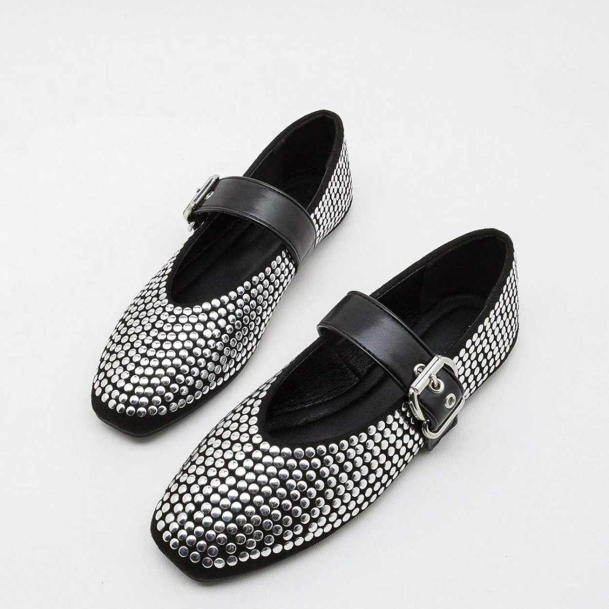 Sequin Flat Shoes With Buckle Strap For Women in Black - Side View