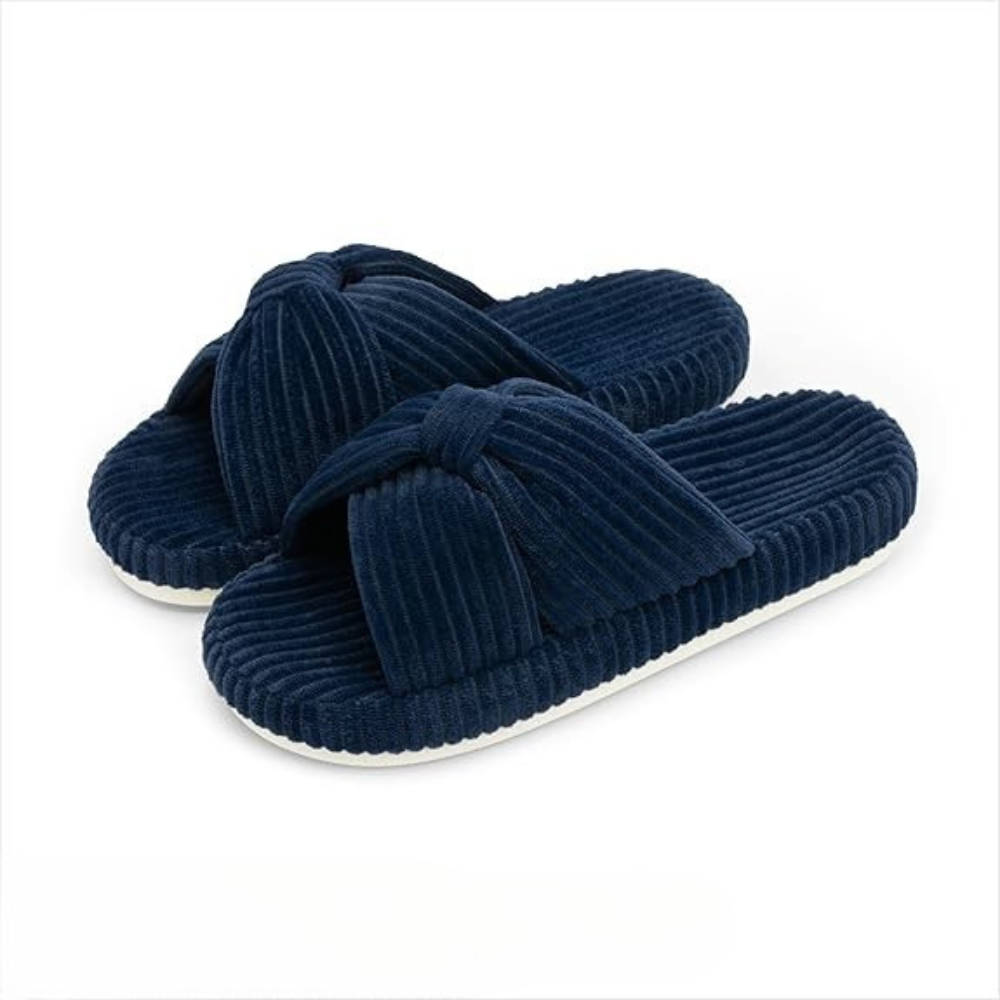 Women Memory Foam Corduroy Bow Crossband Slides