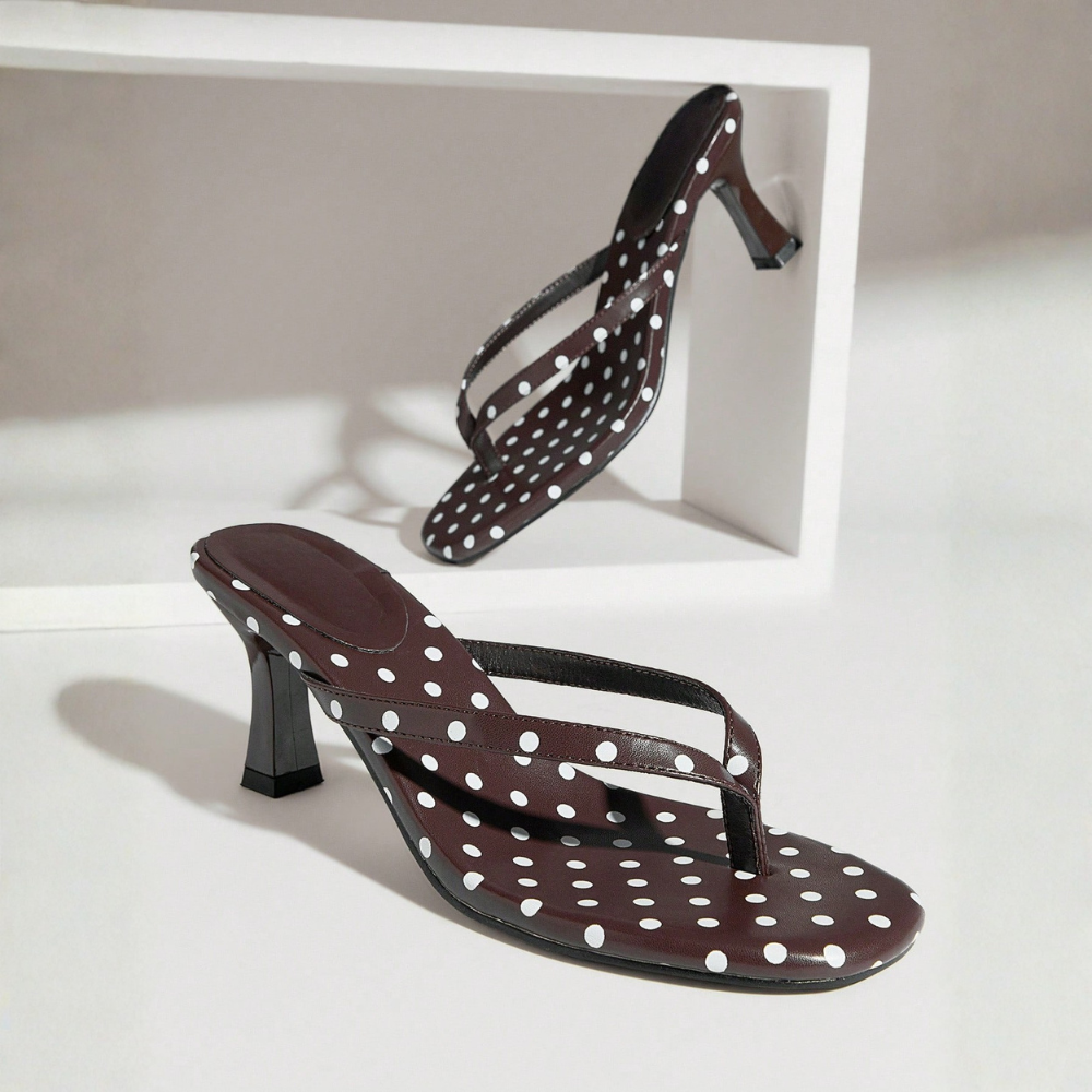 Polka Dot Print Thong Strap Stiletto Style Sandals - Close-Up Detail
