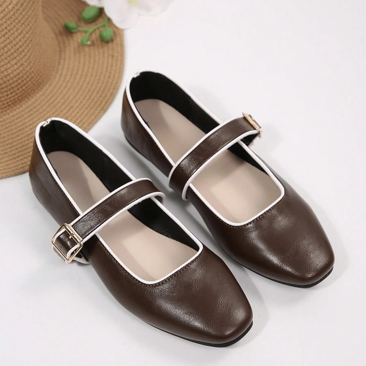 Mary Jane Flats With Square Buckle Strap Shoes in Brown - Front View