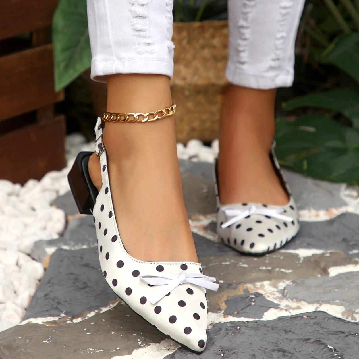 Elegant Polka Dot Pointed Toe Flats With Bow Slingback Design in Black - Angled View