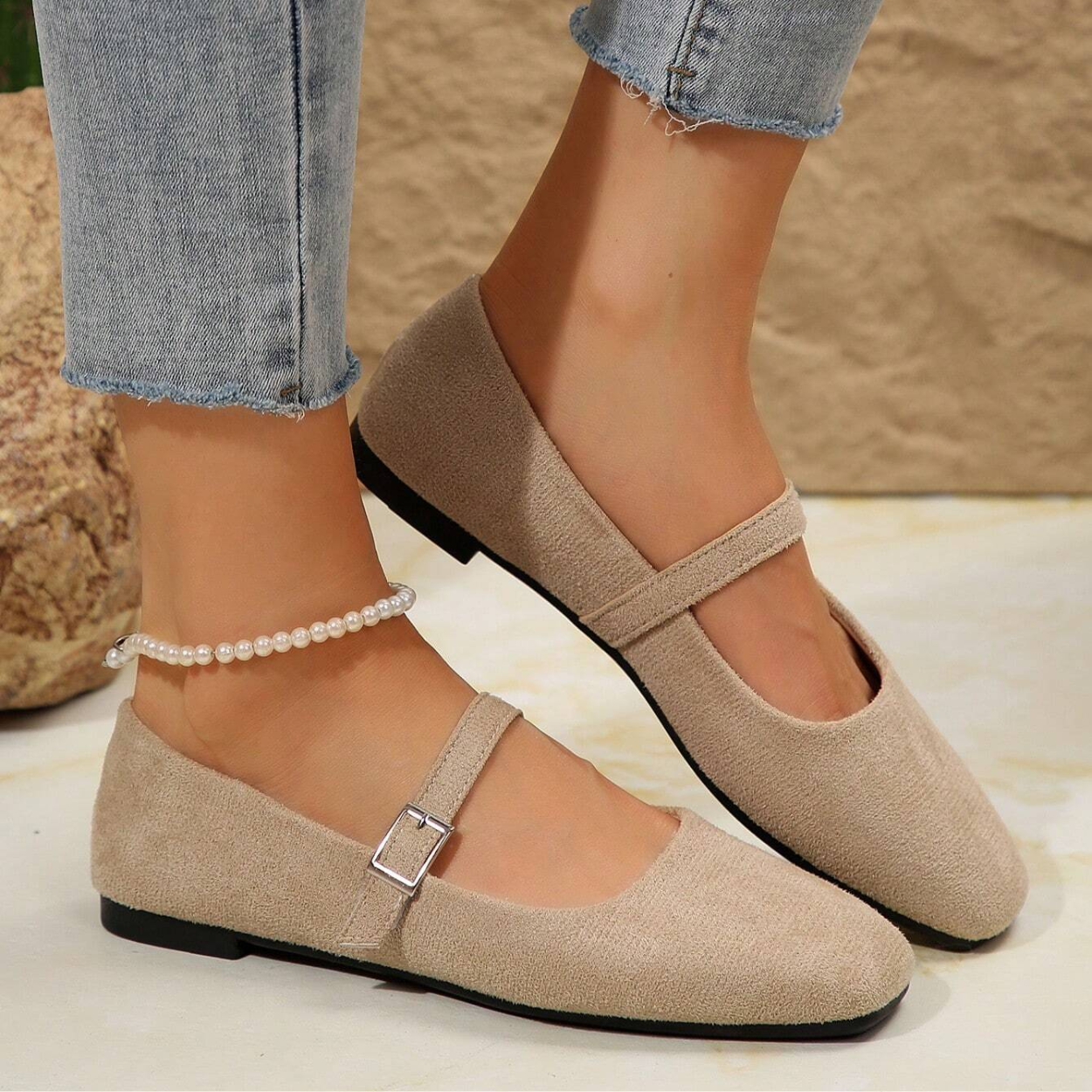 French Style Vintage Ballet Flats With Strap And Square Design in Khaki - Front View