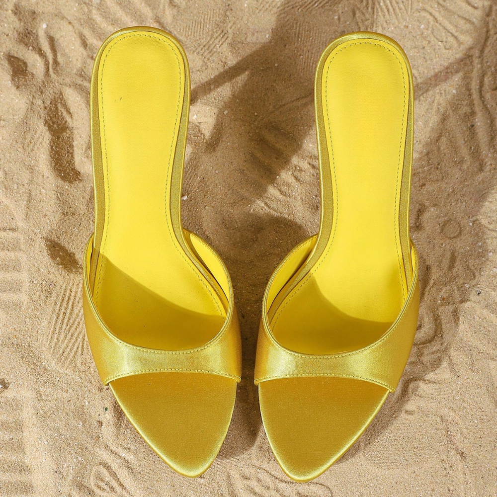 Criss Cross Strappy Slip On Mule Sandals For Women in Yellow - On-Foot View