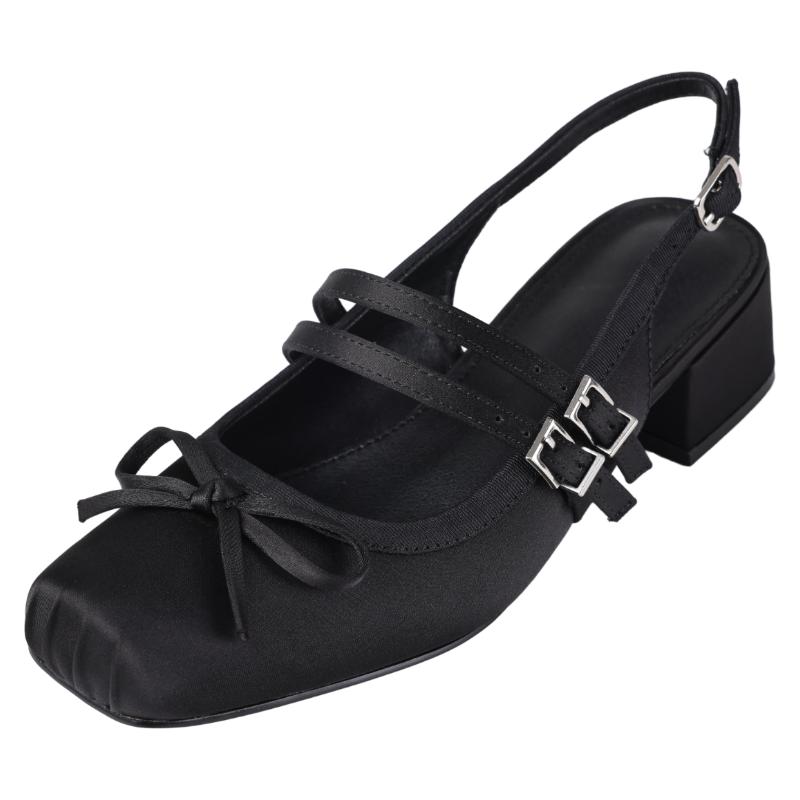 Retro Mary Jane Slingback Pumps with Bow and Buckle Detail for Women