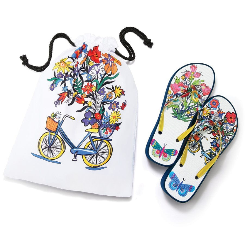 Sunny Wedge Flip FlopsSunny Floral Wedge Flip Flops With Artistic Butterfly And Bicycle Print - Image 4