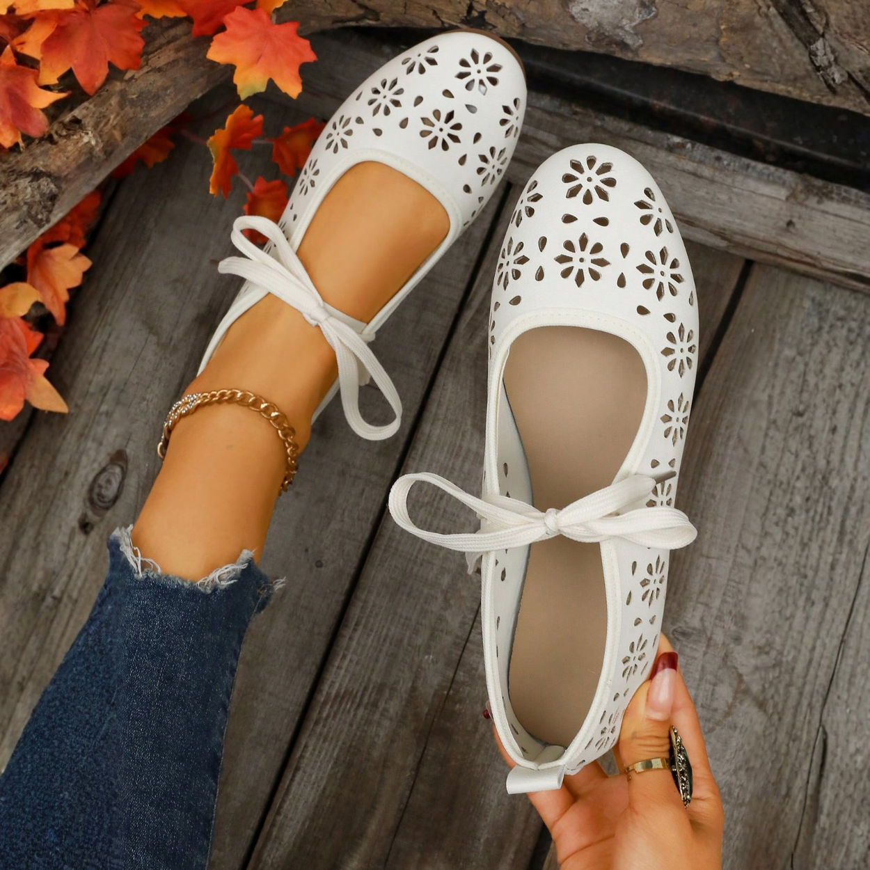 Lace Up Flats With Bow Detail Casual Shoes in Beige - Close-Up Detail