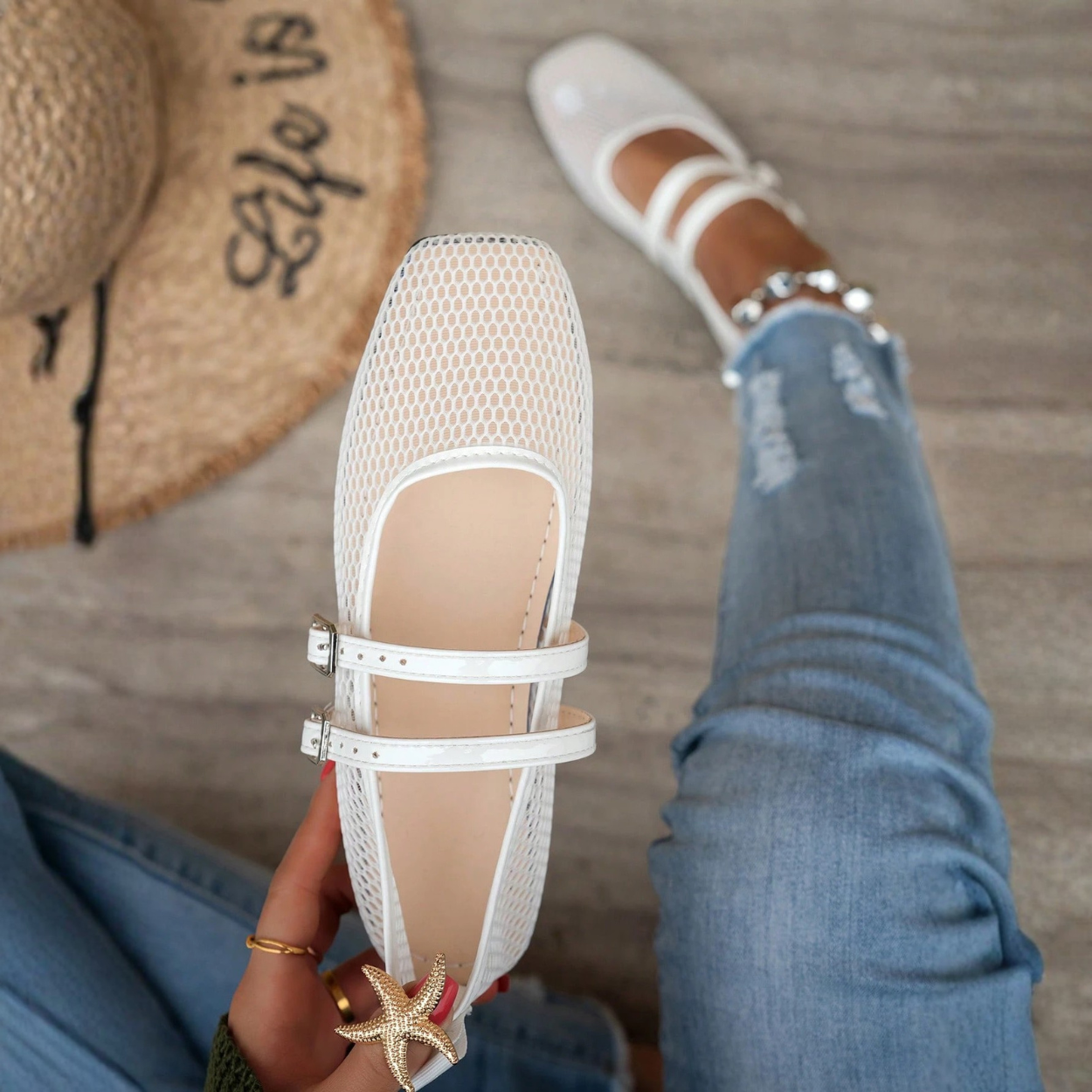 Casual Hollow Mesh Flat Ballet Shoes For Women in Black - Strap Detail