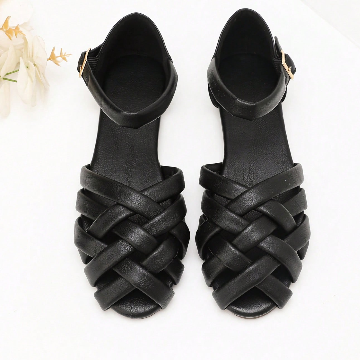 Casual Woven Hollow Design Flat Sandals With Strap For Women in Black - Front View