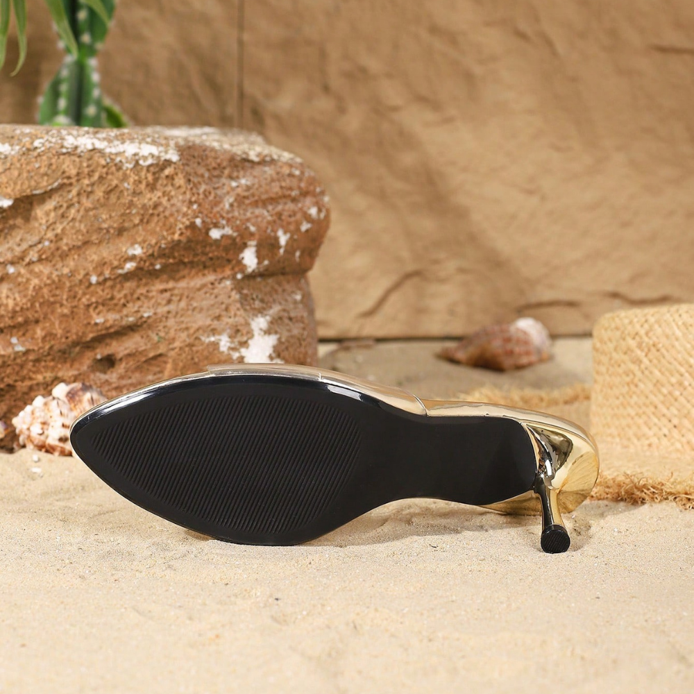 Transparent Strap Mule Sandals For Women in Golden - Close-Up Detail