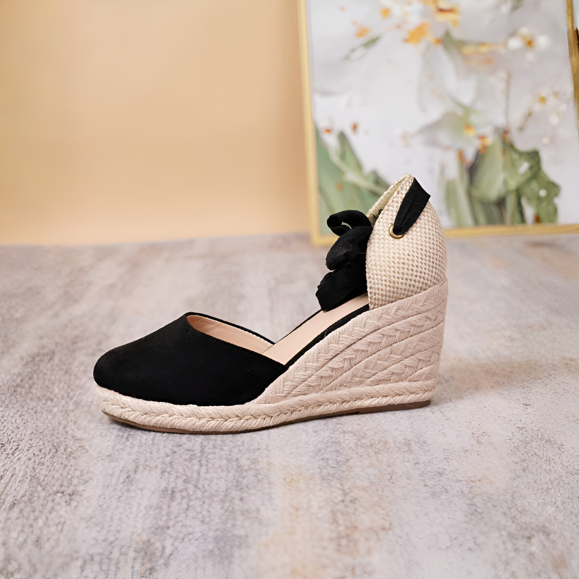 Woven Lace Up Round Front Wedge Sandals in Black - Close-Up Detail