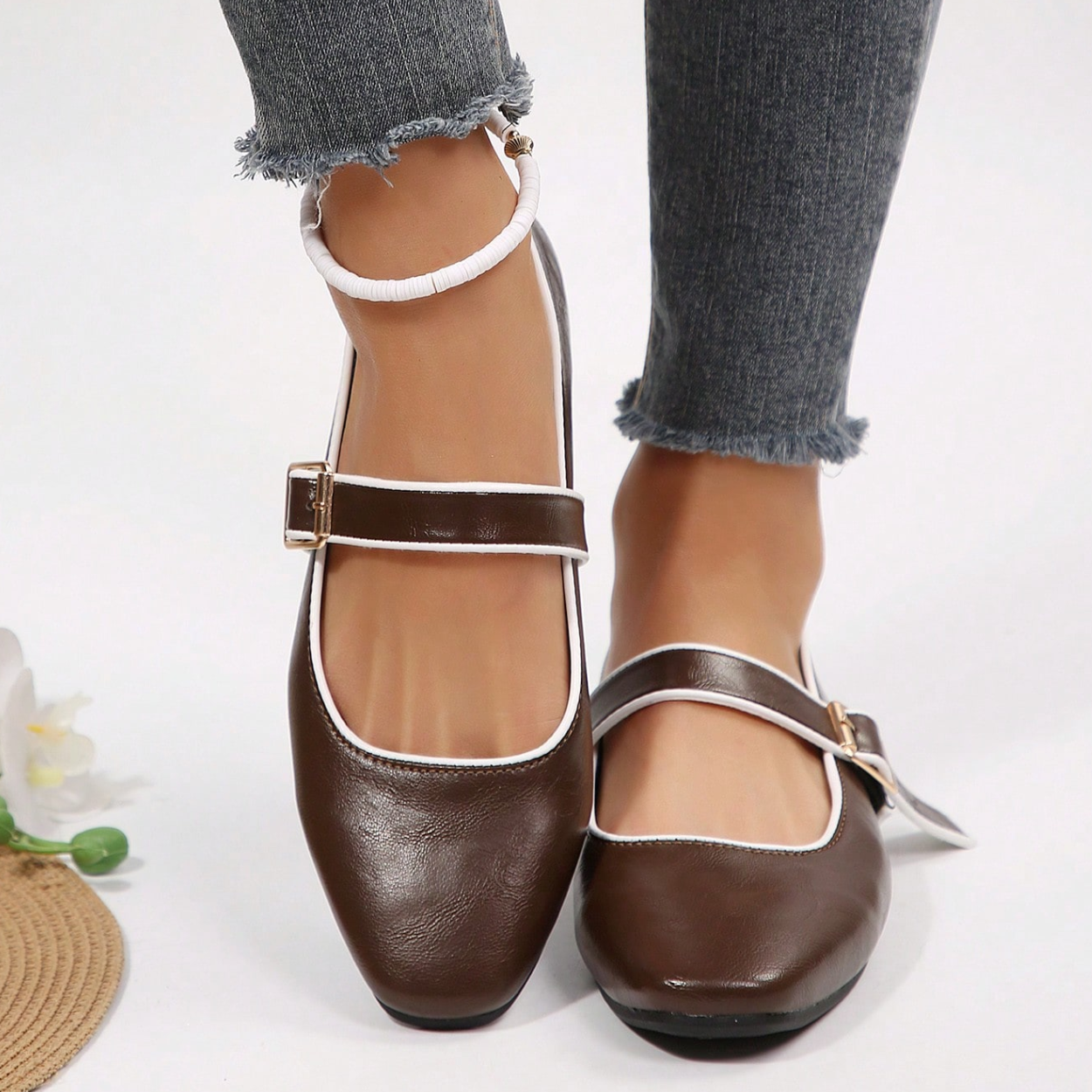 Mary Jane Flats With Square Buckle Strap Shoes in Brown - On-Foot View
