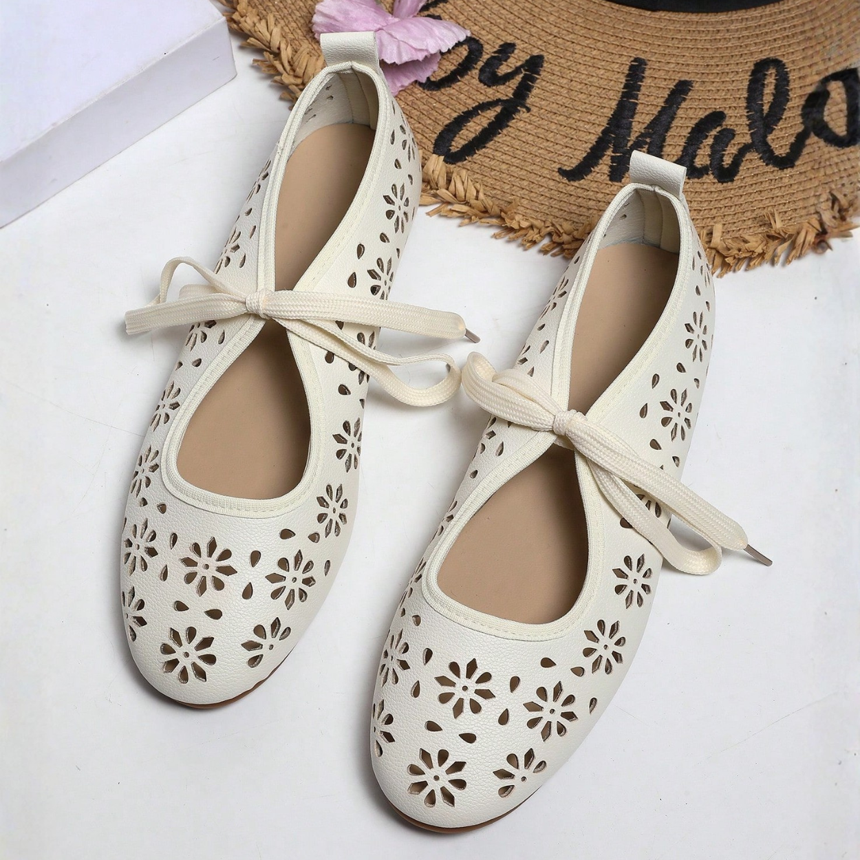 Lace Up Flats With Bow Detail Casual Shoes in Beige - Side View