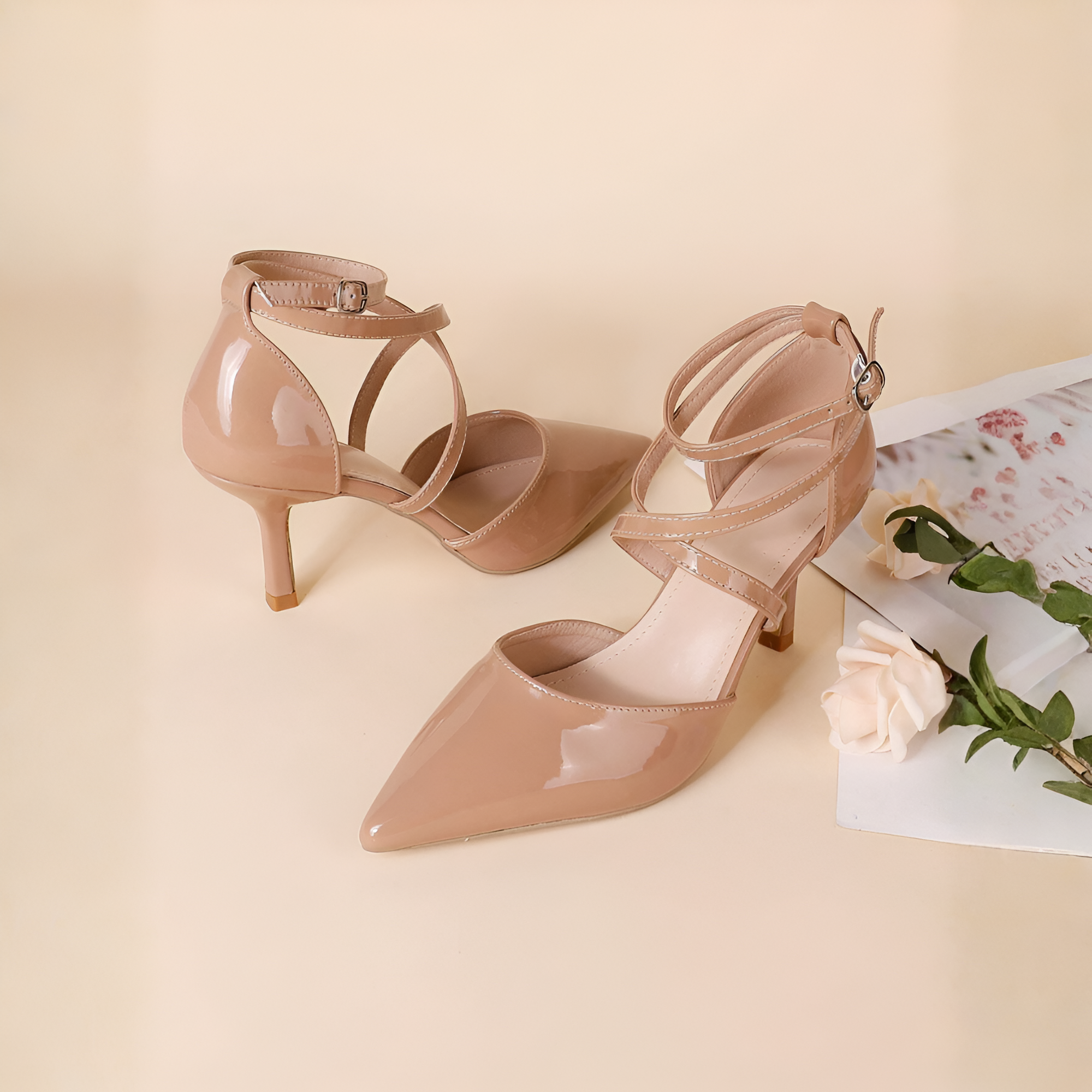 Pointed Strap Mid Base Dress Heel in Black - Side View