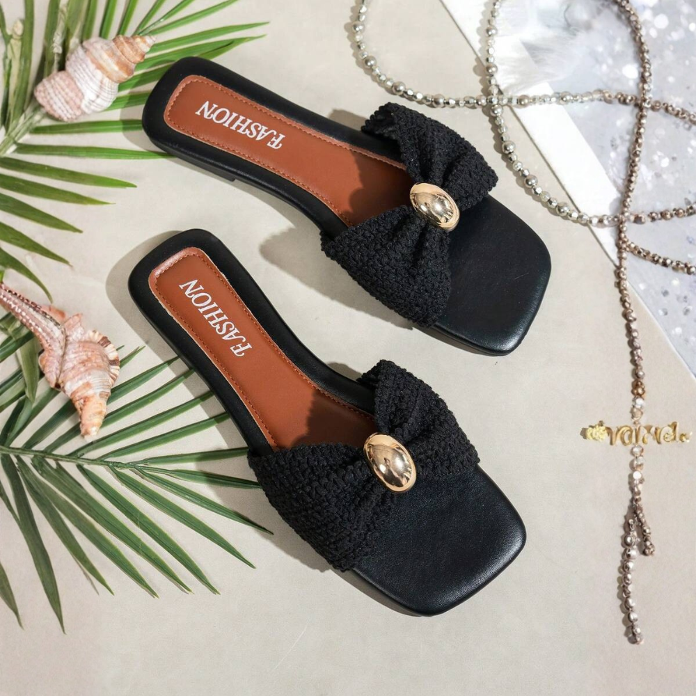 Bow Decor Square Comfy Flat Sandals For Women