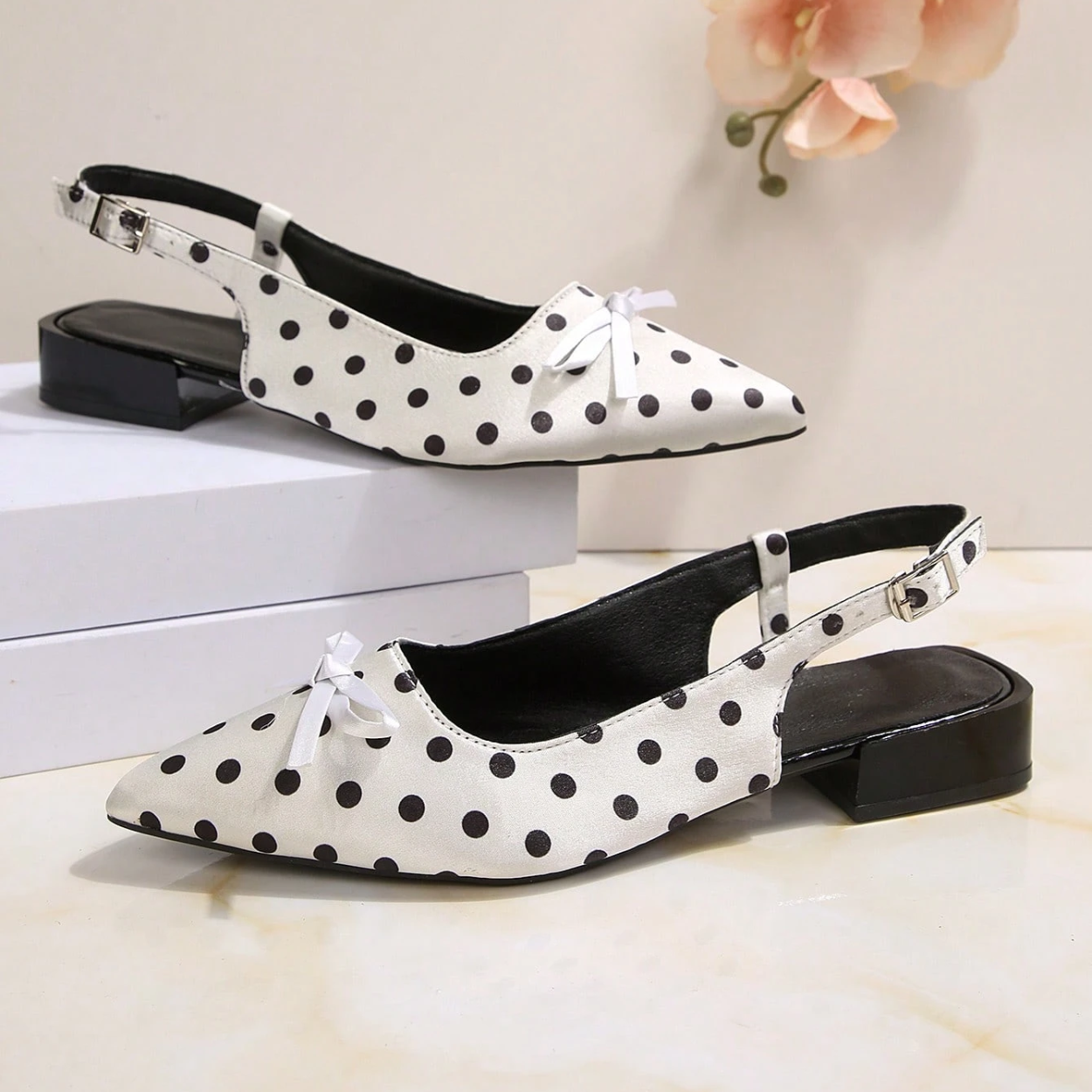 Elegant Polka Dot Pointed Toe Flats With Bow Slingback Design in Black - Side View