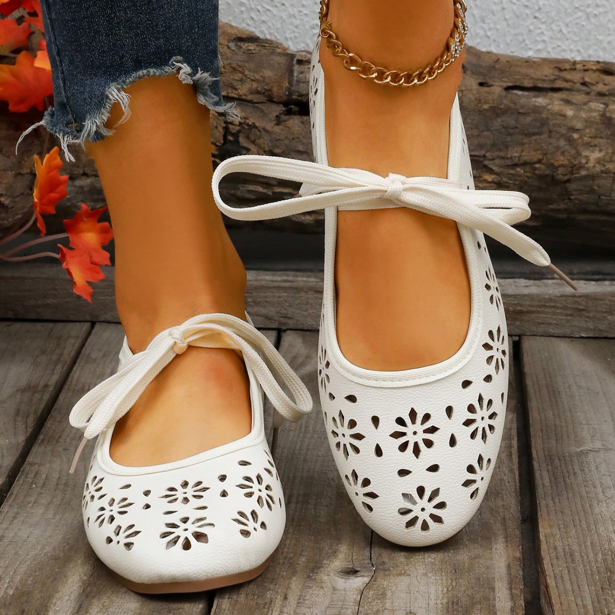 Lace Up Flats With Bow Detail Casual Shoes in Brown - Angled View