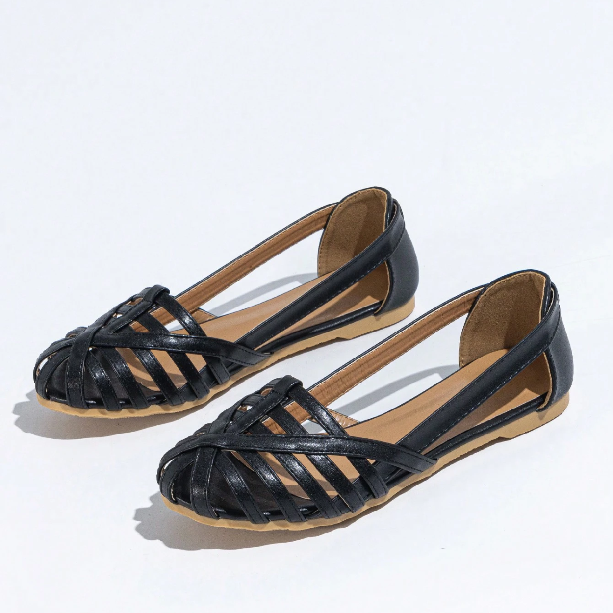Woven Detail Open Flat Shoes For Women in Black - Angled View