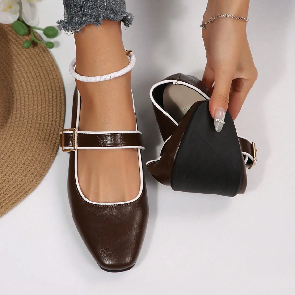 Mary Jane Flats With Square Buckle Strap Shoes in Black - Top View