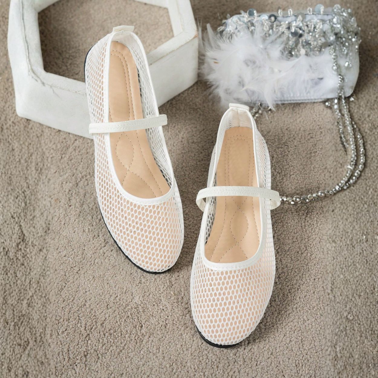 Lightweight Hollow Ballet Flats With Mesh Design For Women in White - Angled View