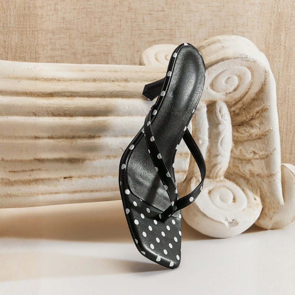 Polka Dot Thong Strap Kitten Style Slide Sandals For Women in Brown - Top View