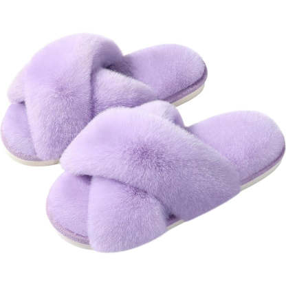 Fuzzy Cross Band House Slippers For Soft Plush Lining-My Beach Shoes