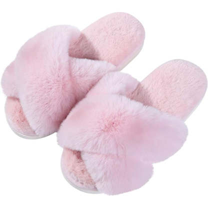 Fuzzy Cross Band House Slippers For Soft Plush Lining-My Beach Shoes