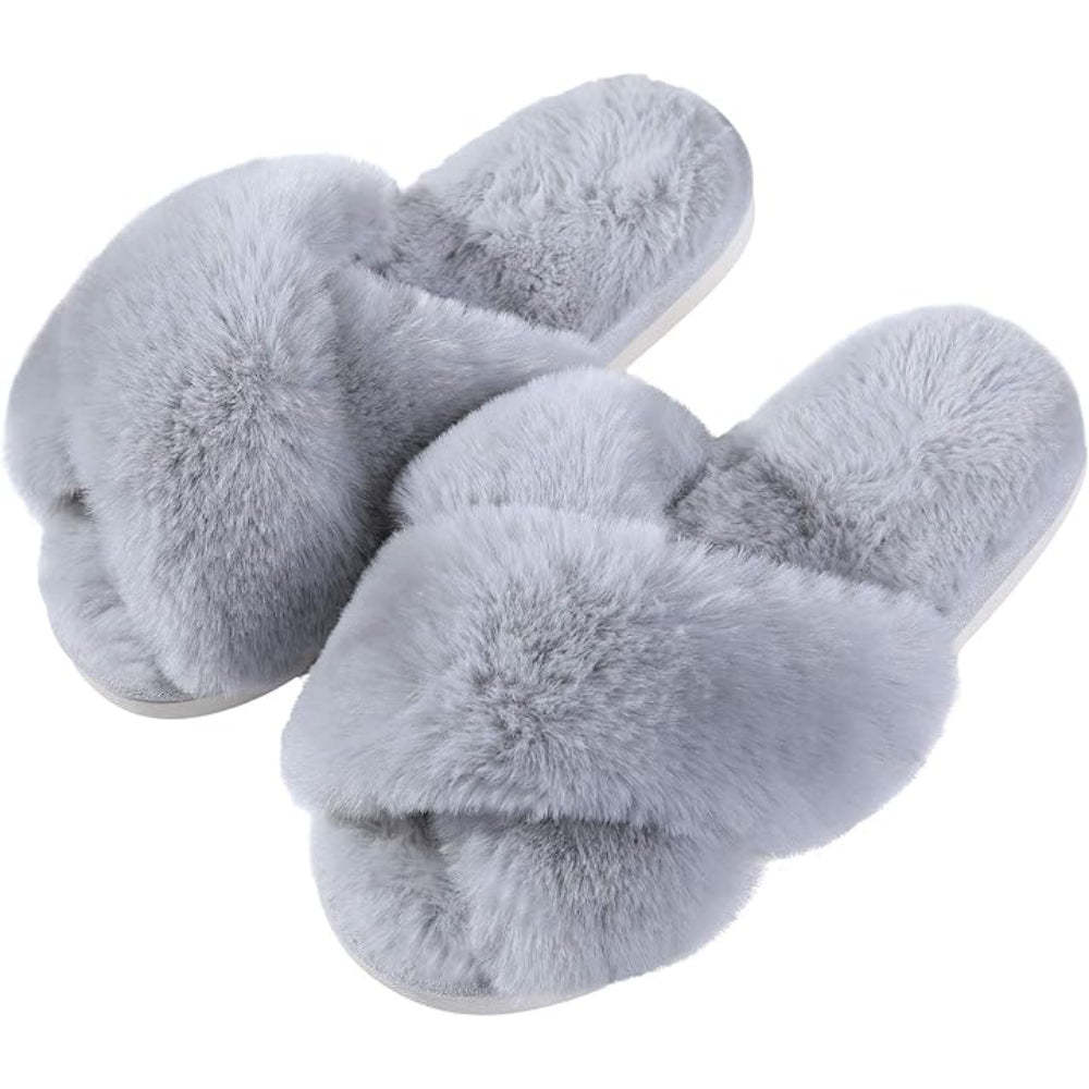 Fuzzy Cross Band House Slippers For Soft Plush Lining-My Beach Shoes