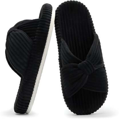 Textured Corduroy Slide Slippers With Soft Plush Lining-My Beach Shoes