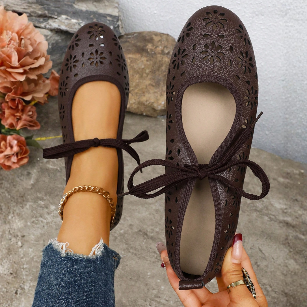 Lace Up Flats With Bow Detail Casual Shoes in Brown - Right Side