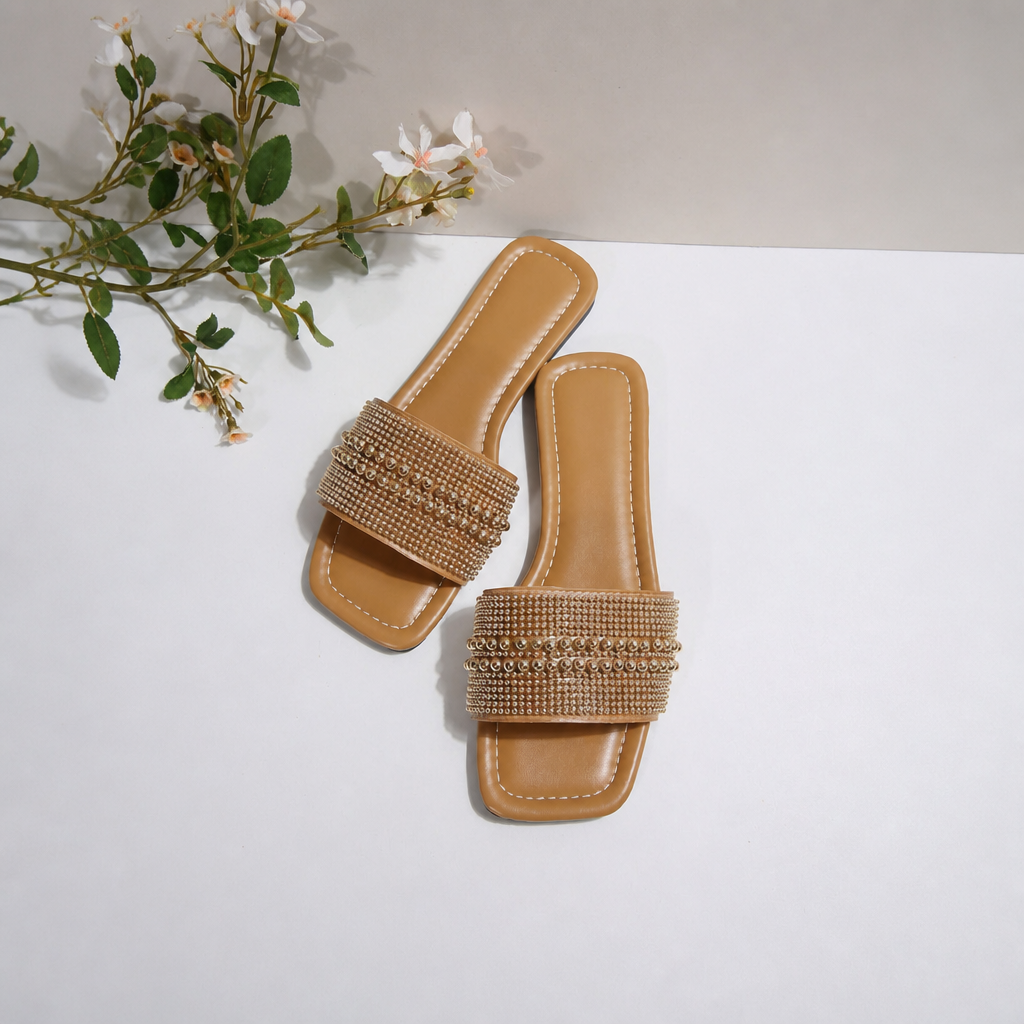 Pearl And Rhinestone Embellished Square Toe Slide Sandals for Women