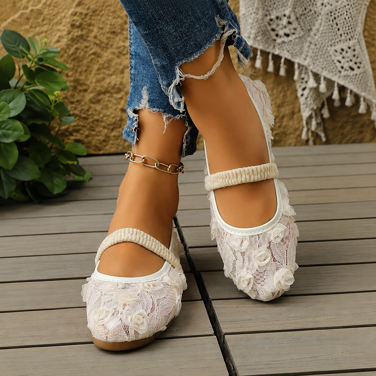 Casual Floral Embroidered Knit Mary Jane Flats Shoes For Women