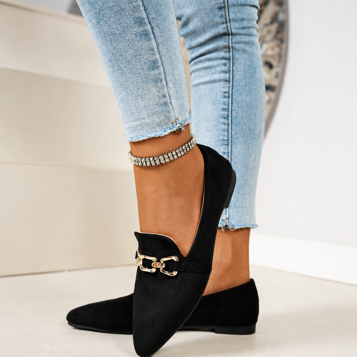 Pointed Front Flats with Chain Detail and Non Slip Sole for Women